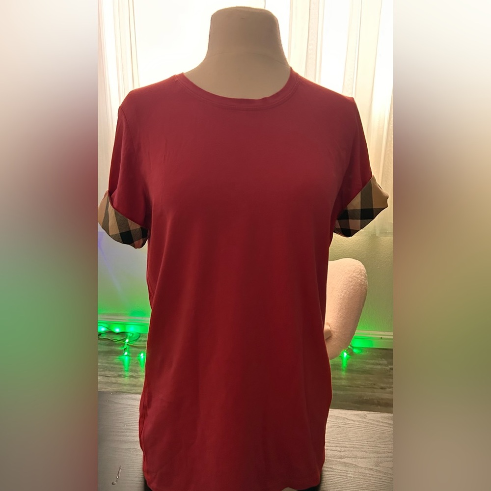 Burberry Red Tee with Plaid Sleeves